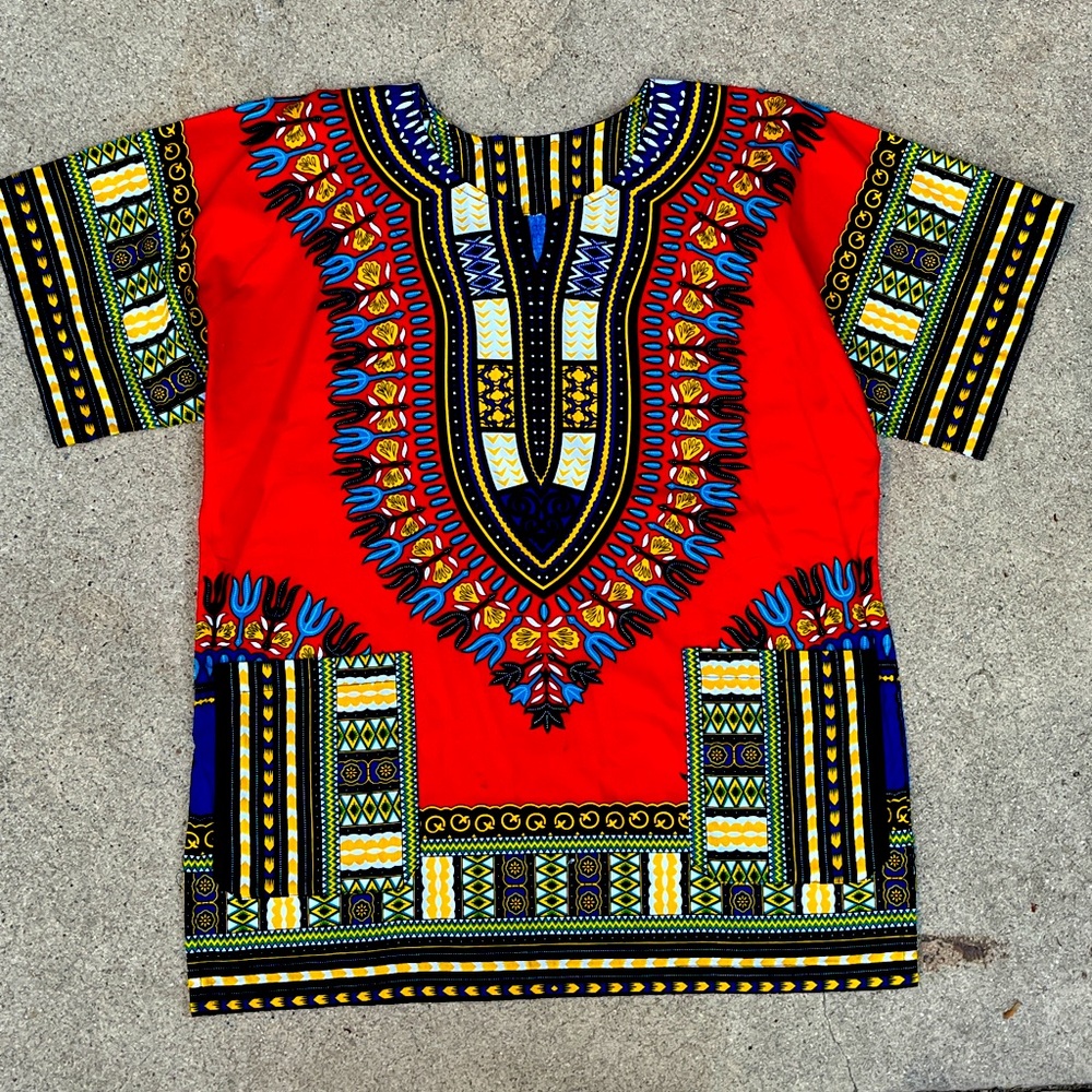 Handmade Mens Dashiki Shirt African Hippie Vintage Red Tribal Blouse Sz M